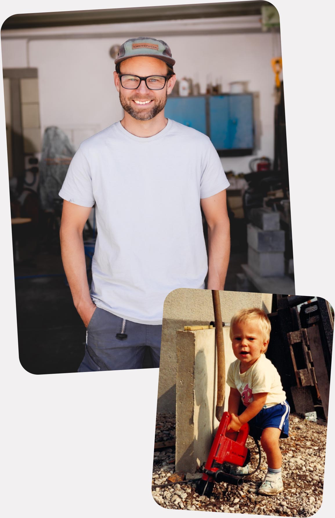 Florian Stöberl als erwachsener und darunter ein altes Bild als Kind mit einem Hilti-Gerät.